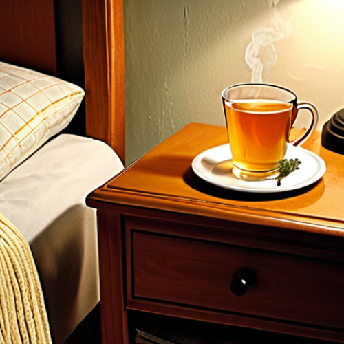 Home 19 **
A cozy evening scene with a cup of tea and Ray Bradbury's "Dandelion Wine" on a nightstand. The style is warm and nostalgic, evoking childhood memories and the scent of summer.
**