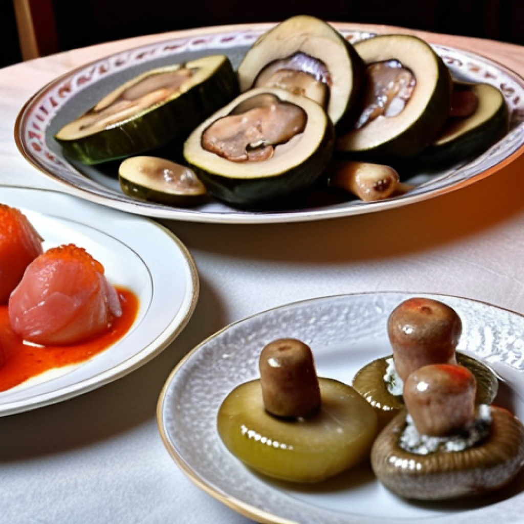 **

A festive Russian table setting in winter. Icy shot glasses of vodka are surrounded by traditional zakuski: pickles, cured salo (pork fat), marinated mushrooms, and herring. Warm, dim lighting. Focus on the textures and colors of the food and the condensation on the vodka glasses.

**