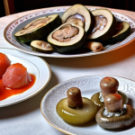 **

A festive Russian table setting in winter. Icy shot glasses of vodka are surrounded by traditional zakuski: pickles, cured salo (pork fat), marinated mushrooms, and herring. Warm, dim lighting. Focus on the textures and colors of the food and the condensation on the vodka glasses.

**