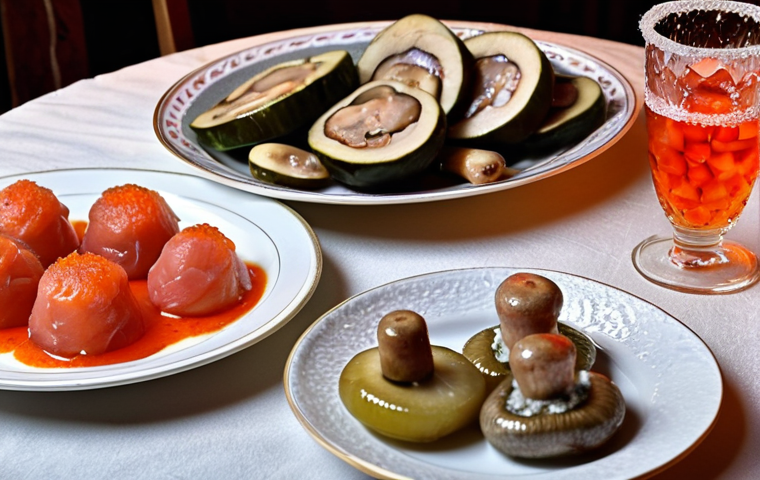 **
A festive Russian table setting in winter. Icy shot glasses of vodka are surrounded by traditional zakuski: pickles, cured salo (pork fat), marinated mushrooms, and herring. Warm, dim lighting. Focus on the textures and colors of the food and the condensation on the vodka glasses.
**