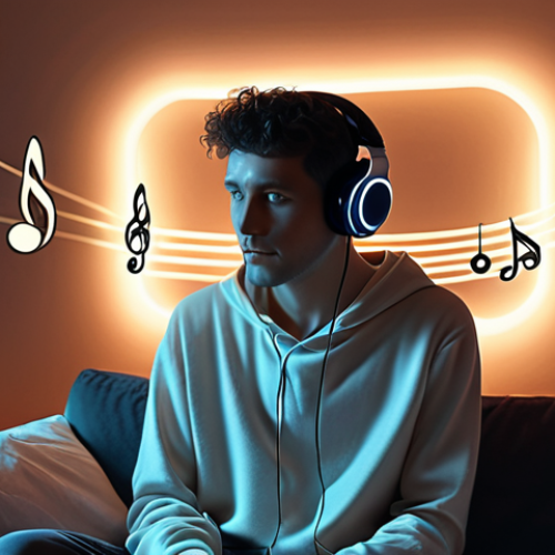 Home 17 A person in their late 20s, with a calm, reflective expression, is comfortably seated in a modern, cozy living room in the evening, illuminated by soft, ambient light. They are wearing stylish over-ear headphones. Around them, ethereal, glowing digital lines and abstract musical notes subtly swirl and converge, symbolizing algorithms from platforms like Yandex Music or VK Music acting as a personal "conductor" of their mood. The scene evokes a sense of deep personalization, comfort, and the feeling that technology understands and crafts their perfect sonic refuge. High-resolution, cinematic, slightly abstract digital art.