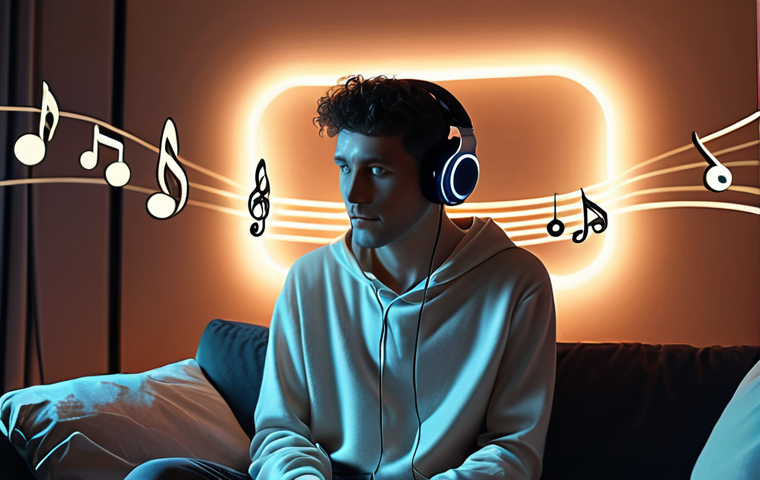 A person in their late 20s, with a calm, reflective expression, is comfortably seated in a modern, cozy living room in the evening, illuminated by soft, ambient light. They are wearing stylish over-ear headphones. Around them, ethereal, glowing digital lines and abstract musical notes subtly swirl and converge, symbolizing algorithms from platforms like Yandex Music or VK Music acting as a personal "conductor" of their mood. The scene evokes a sense of deep personalization, comfort, and the feeling that technology understands and crafts their perfect sonic refuge. High-resolution, cinematic, slightly abstract digital art.