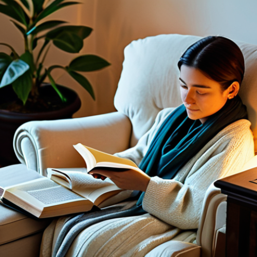 Home 8 A person of indeterminate gender, dressed in comfortable, modest lounge attire, is sitting in a plush armchair in a warmly lit living room. Soft lamplight and the gentle glow of vanilla-scented candles illuminate the scene. They are holding an open book, deeply engrossed in reading, with a steaming cup of herbal tea on a small side table nearby. The room is tidy and features subtle decorative elements like a cozy throw blanket and a simple plant, creating an atmosphere of profound tranquility and introspection. safe for work, appropriate content, fully clothed, modest clothing, perfect anatomy, correct proportions, natural pose, well-formed hands, proper finger count, natural body proportions, professional photography, high quality.
