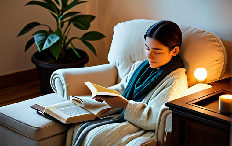 A person of indeterminate gender, dressed in comfortable, modest lounge attire, is sitting in a plush armchair in a warmly lit living room. Soft lamplight and the gentle glow of vanilla-scented candles illuminate the scene. They are holding an open book, deeply engrossed in reading, with a steaming cup of herbal tea on a small side table nearby. The room is tidy and features subtle decorative elements like a cozy throw blanket and a simple plant, creating an atmosphere of profound tranquility and introspection. safe for work, appropriate content, fully clothed, modest clothing, perfect anatomy, correct proportions, natural pose, well-formed hands, proper finger count, natural body proportions, professional photography, high quality.