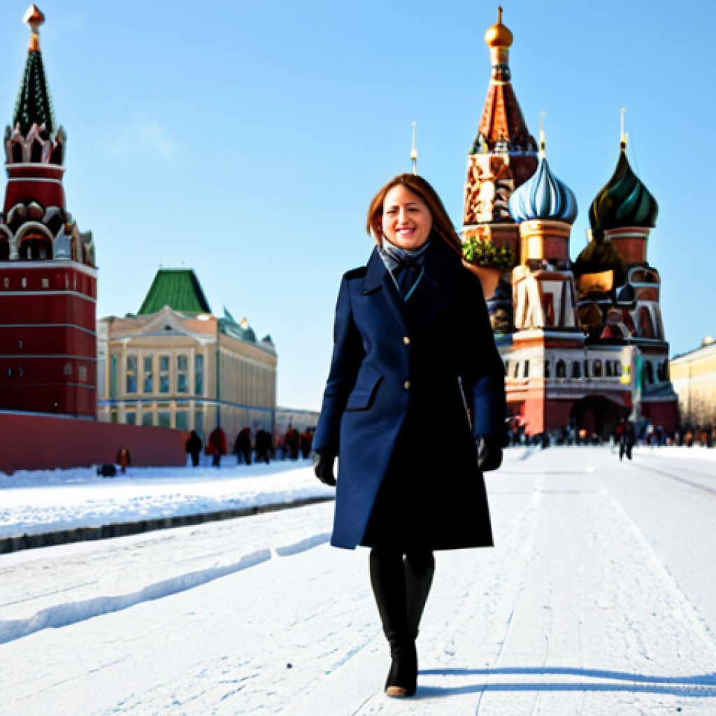**Subject:** A successful businesswoman in Moscow, wearing a stylish, modern business suit (fully clothed), walking confidently on a snowy street near Red Square. **Environment:** Bright winter day, St. Basil's Cathedral in the background. **Style:** Professional photography, realistic, high resolution, perfect anatomy, appropriate attire, safe for work, family-friendly.