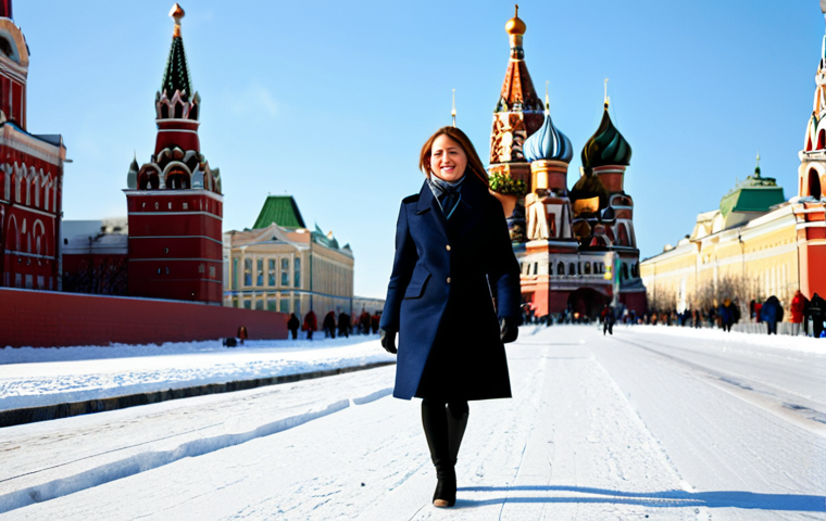 **Subject:** A successful businesswoman in Moscow, wearing a stylish, modern business suit (fully clothed), walking confidently on a snowy street near Red Square. **Environment:** Bright winter day, St. Basil's Cathedral in the background. **Style:** Professional photography, realistic, high resolution, perfect anatomy, appropriate attire, safe for work, family-friendly.