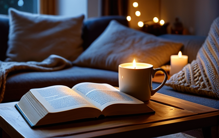 Cozy Relaxation**

"A warmly lit living room at dusk. Soft lighting from candles and fairy lights reflects off plush blankets and cushions on a comfortable sofa. A steaming mug sits on a nearby table next to an open book. Soft focus, perfect anatomy, natural pose, appropriate content, fully clothed (though not directly visible), professional, modest, safe for work."

**