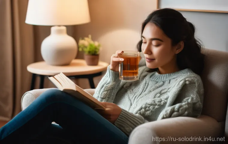 혼술과 DIY   직접 만드는 술잔 - **Prompt:** A cozy, warm-lit evening scene in a comfortable living room. A single person, dressed in...