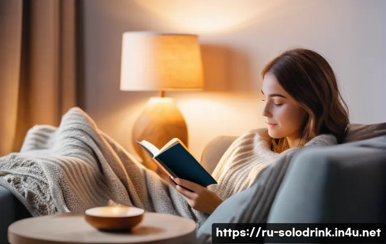 혼술할 때 필수 IT 기기 추천 - **"A serene evening scene in a modern living room, bathed in warm, soft smart lighting. A young woma...