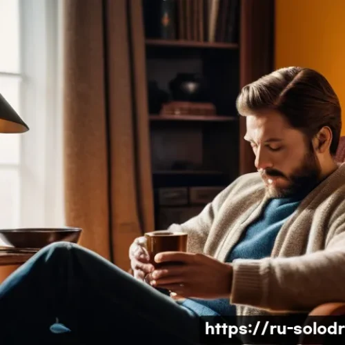 혼술을 즐기는 연예인 - A cozy, dimly lit living room scene featuring a famous Russian actor relaxing in a rocking chair wit...