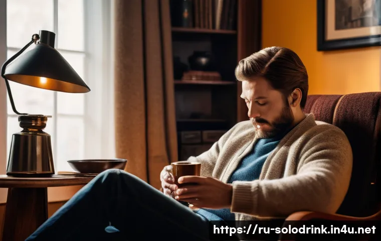 혼술을 즐기는 연예인 - A cozy, dimly lit living room scene featuring a famous Russian actor relaxing in a rocking chair wit...