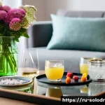 혼술할 때 SNS 활용법 - Cozy evening scene of a modern Russian living room with soft warm lighting, a person browsing Instag...