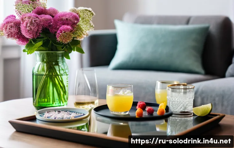 혼술할 때 SNS 활용법 - Cozy evening scene of a modern Russian living room with soft warm lighting, a person browsing Instag...