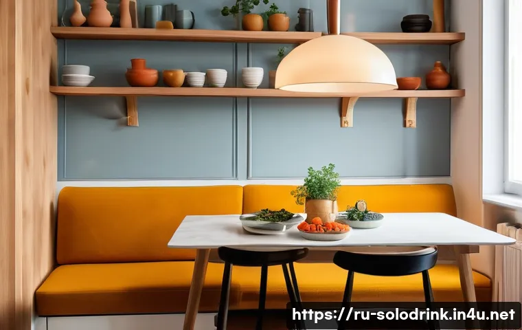 혼술과 혼밥의 차이 - A cozy, softly lit dining nook in a modern Russian apartment, featuring a single person enjoying a r...
