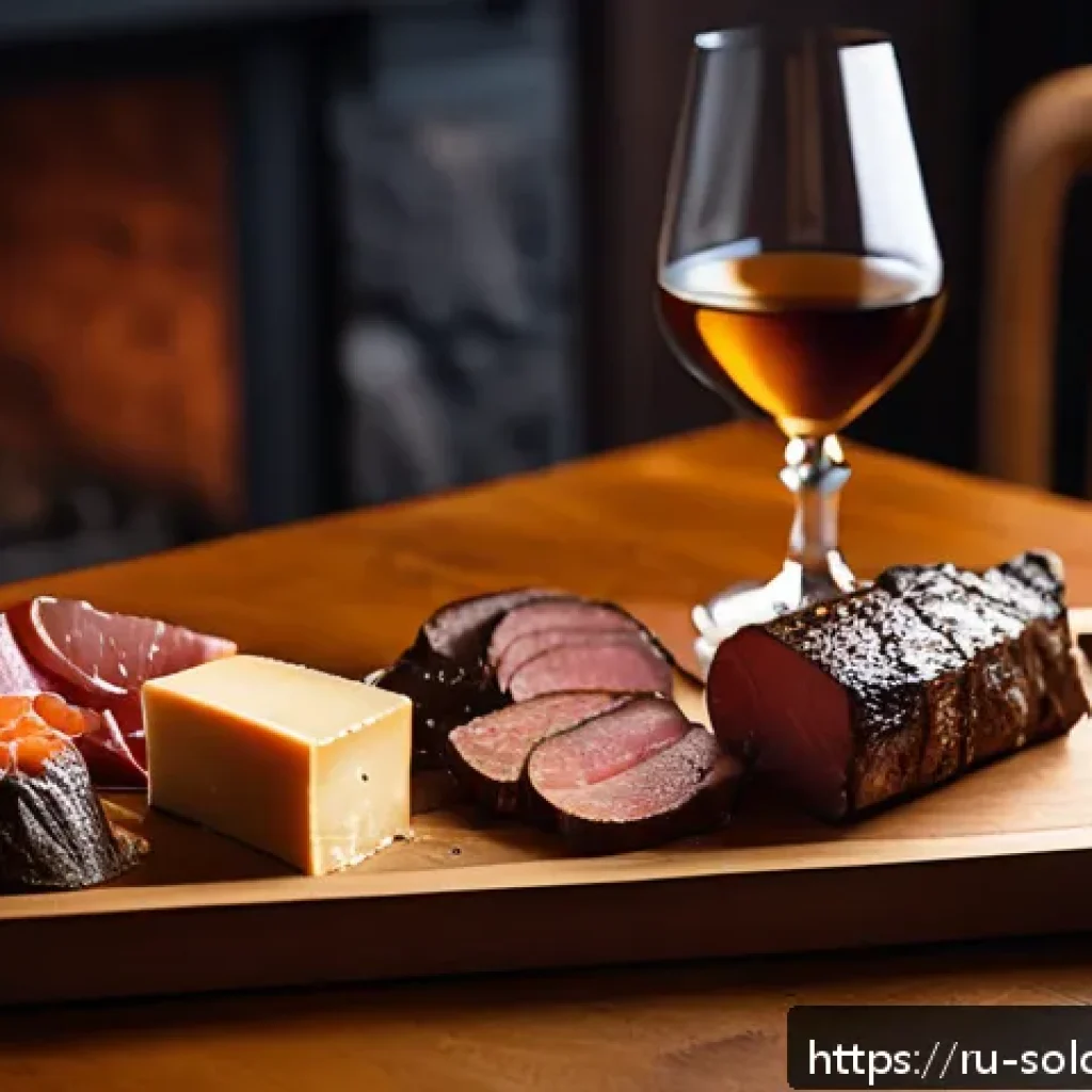 위스키 페어링 음식 - A sophisticated tasting scene featuring a glass of smoky Islay single malt Scotch whisky on a wooden...