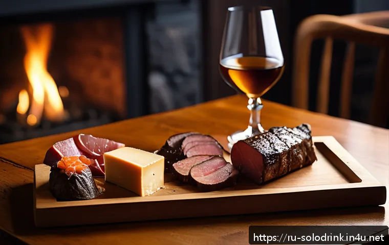 위스키 페어링 음식 - A sophisticated tasting scene featuring a glass of smoky Islay single malt Scotch whisky on a wooden...