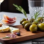 Home 21 칵테일과 함께 즐기는 안주 - A sophisticated cocktail party scene featuring a wooden serving board elegantly arranged with classi...