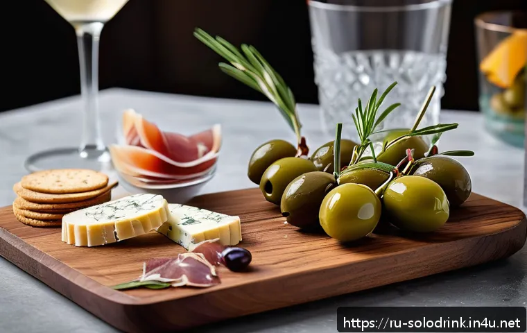 칵테일과 함께 즐기는 안주 - A sophisticated cocktail party scene featuring a wooden serving board elegantly arranged with classi...