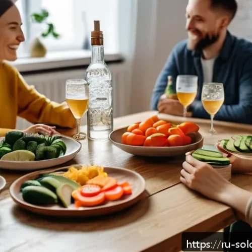 Home 32 혼술과 건강 숙취 줄이는 방법 - A cozy home party scene in a modern Russian apartment, featuring a diverse group of adults casually ...