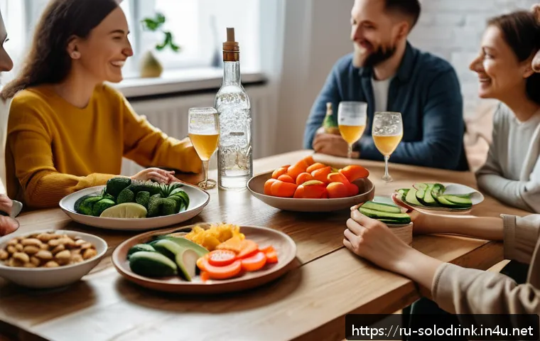 혼술과 건강   숙취 줄이는 방법 - A cozy home party scene in a modern Russian apartment, featuring a diverse group of adults casually ...