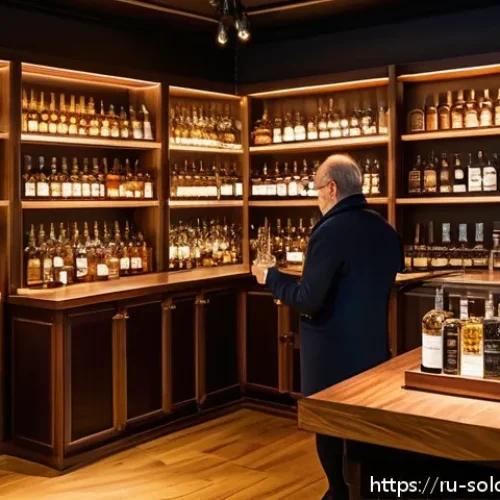 Home 17 혼술과 리커샵 이색적인 주류 매장 탐방 - A cozy, stylish artisanal liquor shop interior in a modern Russian city setting, featuring wooden sh...