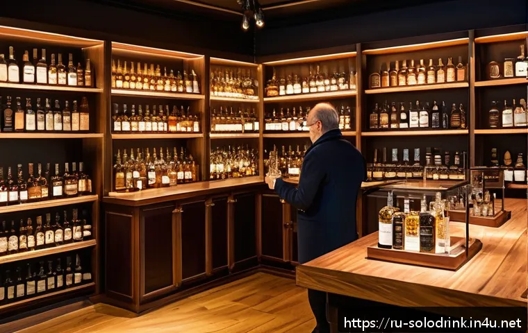 혼술과 리커샵 이색적인 주류 매장 탐방 - A cozy, stylish artisanal liquor shop interior in a modern Russian city setting, featuring wooden sh...