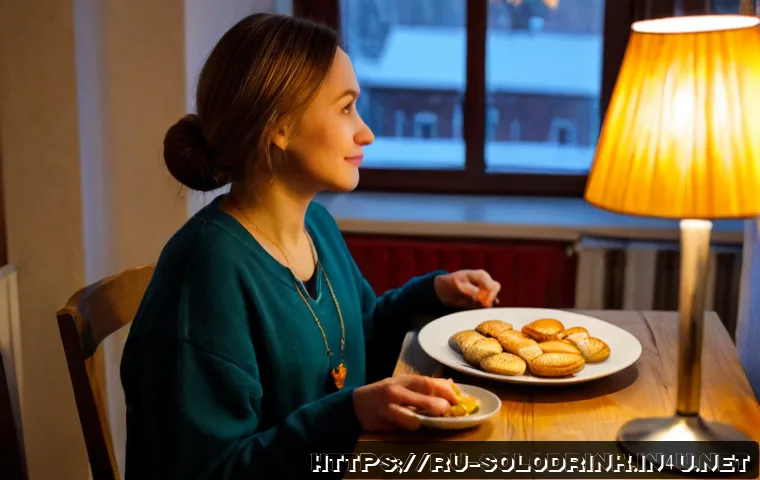 Home 17 혼술 트렌드와 관련 산업 성장 - Photorealistic evening scene in a cozy Moscow apartment kitchen, a single adult enjoying a modest gl...